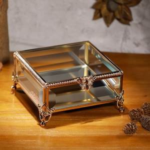 Floral Design Luxury Jewelry Box Non Slip <b>Vintage</b> Footed Base Square Shape Metal Glass Box Table Decoration Premium Display Box - Product Image 6