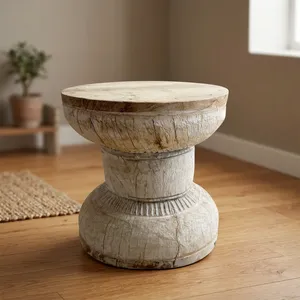 Vintage Handcrafted Wooden Ukhali Stool Round Coffee <b>Side</b> <b>Table</b> <b>Rustic</b> Indian Furniture Vase Lamp Stand Farmhouse Home Furniture - Product Image 5