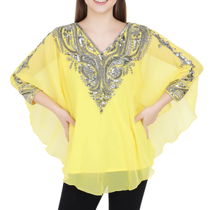 Caftán Marroquí de Georgette a Bajo Precio, Blusa Elegante Bordada con Lentejuelas y Cuentas de Dubái para Mujer, Talla Grande, Corta, para Vacaciones de Invierno - Product Image 1