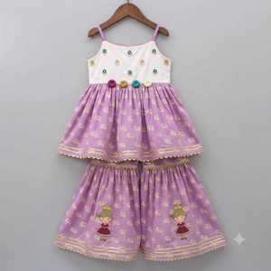 Conjunto de 2 Piezas Lehenga y Sharara para Niña, Estampado Floral de Leopardo Bordado, Nueva Colección 2026, 100% Algodón, Largo hasta la Rodilla, Cintura Elástica - Product Image 4