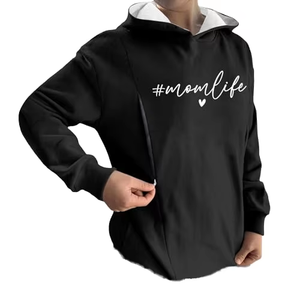 <b>Womens</b> Black Momlife Graphic Hooded <b>Sweatshirt</b> <b>White</b> Inner Hood Long Sleeves Curved Long Hem Oversized Cotton Blend Fleece Top - Product Image 3
