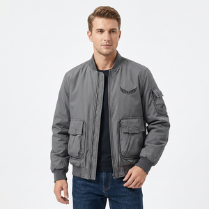 <b>Men's</b> Gray <b>Jacket</b> With Embroidered Wings Logo Zipper Stand Collar Casual Windproof Thick Polyester Wadding Autumn Wear - Product Image 6