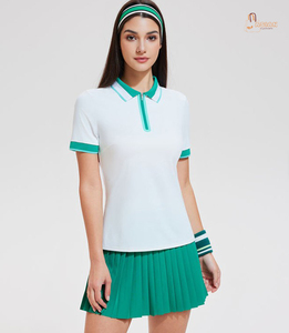 Women's <b>White</b> Green Polo Shirt Short Sleeve <b>Quarter</b> <b>Zip</b> Knitted Breathable Preppy Style Solid Color Sport Top - Product Image 1