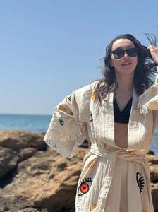 Túnica de Algodón Blanca con Bordado de Ojo Turco, Kaftán Largo de Playa con Diseño de Ojo Malvado para Mujer, Kimono Largo, Lo Mejor en Prendas de Vestir - Product Image 3
