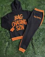 Ensemble de survêtement Bag Chasing SZN noir et orange, sweat à capuche brodé et pantalon, unisexe, streetwear, longueur intégrale, tenue décontractée d'automne