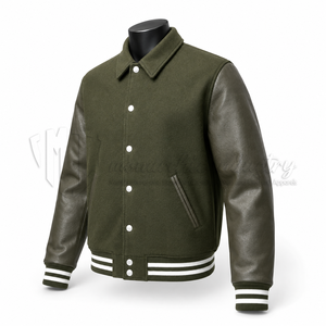 Chaqueta Varsity Verde Oliva para Hombre con Mangas de Cuero, Cuello Camisero, Ropa Casual de Otoño - Product Image 4