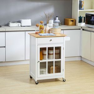 Elegante Carrello da Cucina Bianco con Design Moderno, Porta in Vetro, Impugnatura Metallica e Portasciugamani per Uso Versatile - Product Image 2