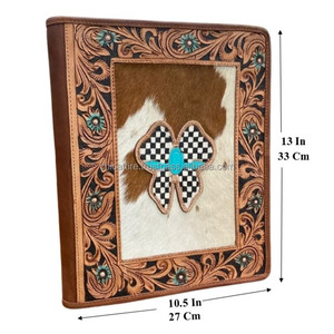 2025 Exclusive <b>A4</b> Size Hand Tooled Leather <b>Folder</b> Hair On Cowhide Floral Design Portfolio With Zippered Closure and Ring Binder - Product Image 2