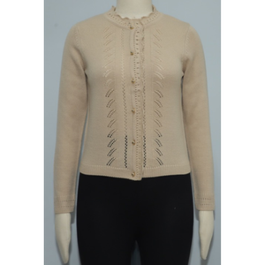 Cárdigan de Punto Beige para Mujer, Manga Larga, Cuello Redondo, Botones al Frente, Color Sólido, Estilo Clásico, Largo Completo - Product Image 1