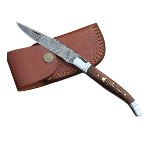 Set de Regalo de Navaja Plegable de Acero de Damasco con Funda de Cuero, Mango de Madera/Puño de Hueso, 58HRC, Navaja de Bolsillo Delgada, Garantía de 3 Años - Product Image 1