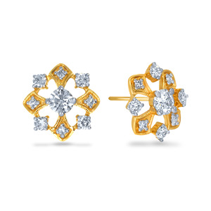Boucles d'oreilles clous florales en or jaune 14 carats avec diamants de laboratoire taille brillant rond, bijoux classiques pour femme à porter au quotidien - Product Image 2