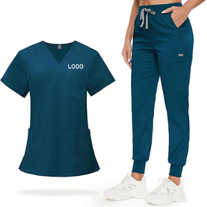 Conjunto de Uniforme Médico Unisex Blanco, Top con Cuello en V y Bolsillos, Pantalones con Cordón, Uniforme de Hospital, Algodón y Poliéster Tejido - Product Image 4