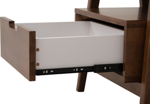 Elegante mesita de noche estilo Japandi en nogal con cajón flotante en madera de caucho, ideal para dormitorios y proyectos hoteleros. - Product Image 3