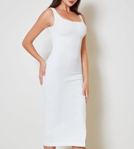 Vestido midi ajustado negro acanalado sin mangas con cuello cuadrado y abertura para mujer, estilo casual - Product Image 3