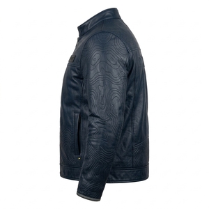 Chaqueta de Cuero Personalizada Azul Marino para Hombre, Chaqueta de Motero con Líneas de Contorno Topográficas en Relieve, Piel de Vacuno Auténtica, Ropa de Calle, Venta al Por Mayor - Product Image 4