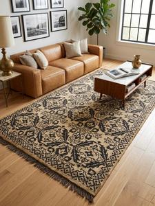 Alfombra de Yute de Pelo Largo Anudada a Mano, Hecha a Mano con Fibra Natural, Diseño Geométrico de Medallón, Estilo Boho, Ecológica para Sala de Estar y Dormitorio - Product Image 2