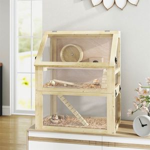 Gabbia Moderna in Legno a 3 Livelli 61x41x75 cm per Piccoli Animali, Alloggio per l'Allevamento di Criceti, Casetta Solida in Legno con Motivo Animale - Product Image 1