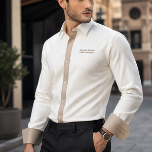 Chemise habillée bleu clair pour homme avec bordure contrastante marine et logo imprimé par transfert thermique sur le devant, manches longues, col rabattu - Product Image 4