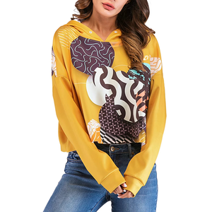 Washed 100% Cotton Embroidered Women's Hoodies <b>Top</b> Yellow Hooded <b>Crop</b> Sweatshirt Patchwork Print Full Sleeve Casual Winter - Product Image 2