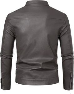 Chaqueta de Motociclista de Cuero PU Gris para Hombre, Corte Ajustado, Cuello Alto, Cierre de Cremallera, Manga Larga, Estilo Otoñal - Product Image 3