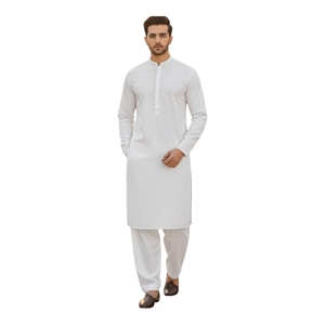 Ensemble Kurta Pyjama en Coton Blanc pour Homme Coupe Classique Longueur Cheville Style Traditionnel Décontracté Inde Pakistan Toutes Saisons - Product Image 1
