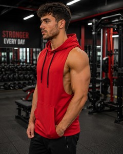 Sweat-shirt à capuche sans manches rouge pour homme avec poche, coupe classique, vêtements de sport décontractés - Product Image 1
