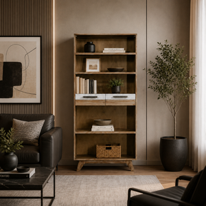 Large Wooden Bookcase With Open <b>Display</b> Shelves And Drawers Storage <b>Cabinet</b> For Home Office Living Room Furniture - Product Image 6
