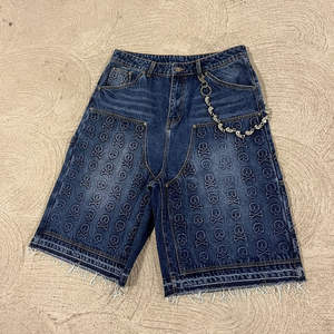 Custom Raw Hem Distressed <b>Embroidered</b> <b>Jeans</b> Shorts for <b>Men</b> Cotton Baggy Jorts Rhinestone - Product Image 6