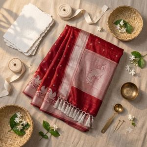 Royal <b>Red</b> Banarasi Silk Long Shawl <b>Saree</b> by NIRMETRA Women's Durable Daily Use All Seasons - Product Image 6