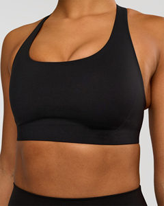 Sujetador deportivo de color liso para mujer, espalda cruzada, cuello redondo, soporte medio, sin costuras, para yoga y entrenamiento, negro - Product Image 3