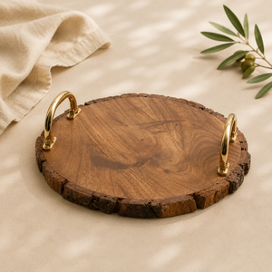 Modern Handmade Eco-friendly Wedding <b>Serving</b> <b>Tray</b> Natural Bark Edge Elegant Golden Metal Handles Premium for Wood Platter - Product Image 1