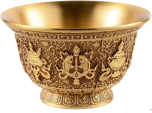 Cuenco de Ofrenda Tibetano Antiguo de Latón con Ocho Símbolos Auspiciosos, Taza de Agua para Rituales Budistas, Acabado Dorado, Estilo Vintage - Product Image 5
