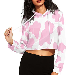 New Arrivals Pink <b>Cow</b> <b>Print</b> Cropped <b>Hoodie</b> For Women's Y2K Style Soft Breathable Fabric Oversized Casual Streetwear Pullover - Product Image 1