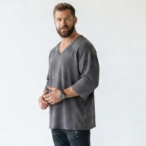 T-shirt tricoté oversize pour homme à col en V, manches courtes, style décontracté, grande taille, épaules tombantes, style streetwear ample - Product Image 2