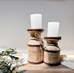 Support de bougie en bois ancien en forme de canne à lait avec bande métallique, décoration rustique de style ferme pour table, jardin, entrée, salon - Product Image 2