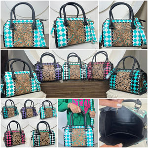 Custom Designer Hand Tooled Cow <b>Leather</b> Medium Speedy <b>Bag</b> for Women Teal & <b>White</b> Checkered Pattern Crossbody Shoulder Handbags - Product Image 3