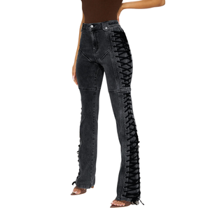 Jeans de Mezclilla Negros de Cintura Alta para Mujer, con Detalle de Encaje Lateral, Corte Ajustado, Pierna Recta, Pantalones Casuales de Moda, Largos, Estilo Urbano, Talla XS - Product Image 1