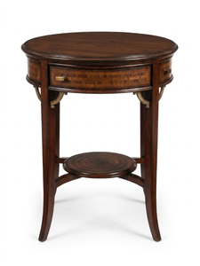 Table basse ronde en bois massif indonésien traditionnelle mobile avec tiroir de rangement et étagère inférieure, design antique pour salon - Product Image 1