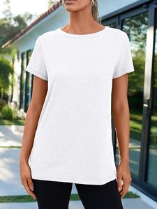 Camiseta de algodón para mujer, cuello redondo, manga corta, corte holgado, color blanco liso, transpirable, informal, para primavera/verano - Product Image 1