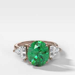 Three Stone Ring Prong Set Oval <b>Simulated</b> Emerald Trillion Moissanite Side <b>Diamond</b> Engagement Rings Wholesale 14K 18K Solid Gold - Product Image 3