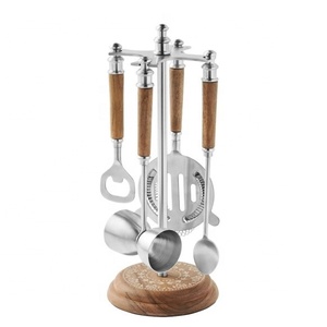 Ensemble d'outils à cocktails en acier inoxydable de qualité supérieure avec poignées en bois, support rotatif élégant pour le mélange professionnel, cadeau pour bar à domicile - Product Image 2