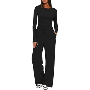 Ensemble de vêtements de détente d'été de bonne qualité, chemises à manches longues ajustées et pantalons amples à jambes larges - Product Image 1