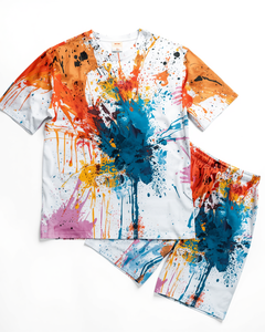 Conjunto de camiseta y pantalones cortos de algodón para hombre con estampado de salpicaduras de pintura coloridas, atuendo informal de verano, cuello redondo, estilo tejido transpirable - Product Image 3