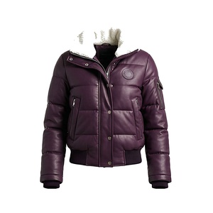 Blouson aviateur en cuir véritable violet avec garniture en fourrure, fermeture éclair, coupe-vent d'hiver, épais, manches longues, couleur unie - Product Image 1