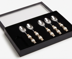 Cuillères à thé élégantes en acier inoxydable avec manches en céramique, finition plaquée or, compatibles lave-vaisselle, ensemble de couverts pour la table de mariage - Product Image 6
