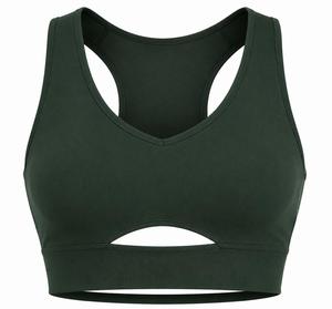 Conjunto de yoga de 2 piezas para mujer: Sujetador deportivo de cuello redondo y espalda cruzada en verde oscuro liso y leggings de cintura media de longitud completa con elasticidad en cuatro direcciones. - Product Image 4