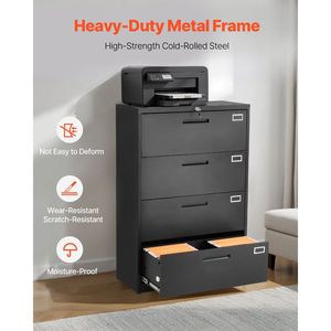 Armoire de classement verticale en métal à 4 tiroirs avec serrure et barre de suspension réglable, meuble de bureau de rangement haut pour dossiers - Product Image 5