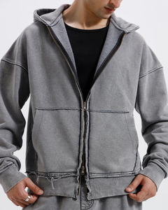 Oversized Soft Washed Gray Hooded <b>Zip</b> <b>Up</b> <b>Jacket</b> Silver Metal Zipper Symmetrical Pockets Ribbed Cuffs Streetwear Men <b>Jacket</b> - Product Image 3