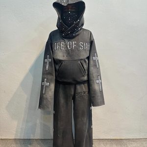 Premium Quality Custom Zipper Sweat suit Diamond Glitter Rhinestone Jogger Flared Tracksuit Sweatpants and Mask <b>Hoodie</b> Set - Product Image 2