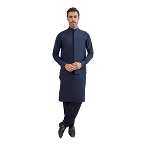 <b>Men's</b> Navy Blue Cotton <b>Kurta</b> Pajama Waistcoat Set Traditional Ankle-Length Regular Fit Casual Wear All Seasons India Pakistan - Product Image 5